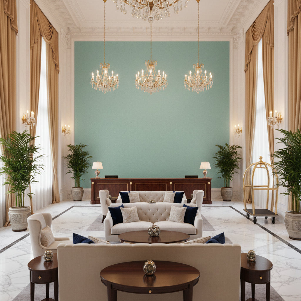 Ultrasuede Green seafoam green | Kravet - Hotel Lobby Visualization (AI-generated, may not be to scale. Verify pattern scale with product specifications.)