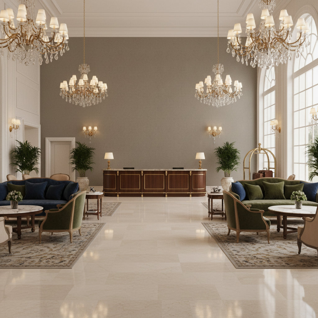 Ultrasuede Green taupe | Kravet - Hotel Lobby Visualization (AI-generated, may not be to scale. Verify pattern scale with product specifications.)