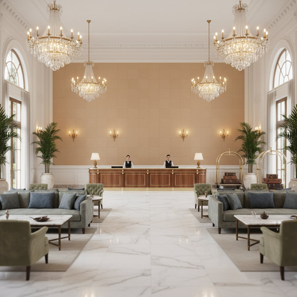 Ultrasuede Green camel | Kravet - Hotel Lobby Visualization (AI-generated, may not be to scale. Verify pattern scale with product specifications.)
