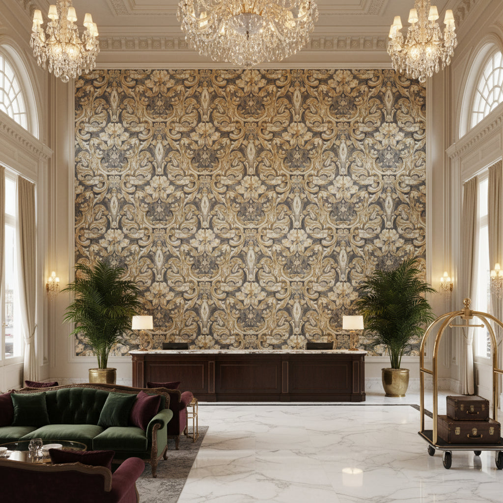 Ultrasuede Green gray | Kravet - Hotel Lobby Visualization (AI-generated, may not be to scale. Verify pattern scale with product specifications.)