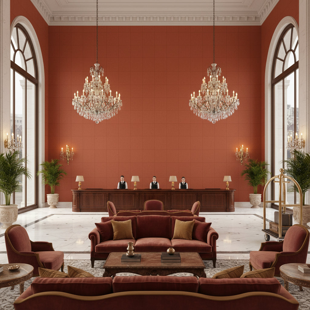 Ultrasuede Green Sienna | Kravet - Hotel Lobby Visualization (AI-generated, may not be to scale. Verify pattern scale with product specifications.)