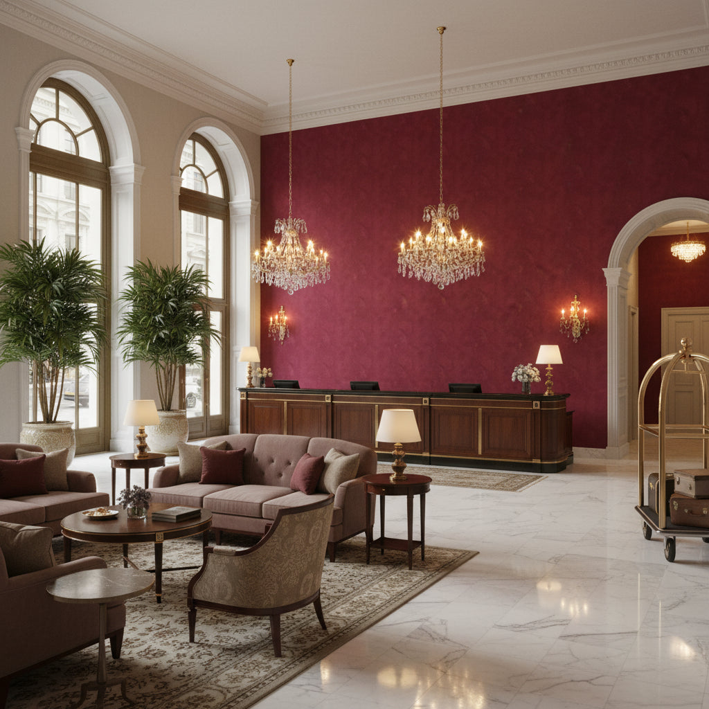 Ultrasuede Green burgundy | Kravet - Hotel Lobby Visualization (AI-generated, may not be to scale. Verify pattern scale with product specifications.)
