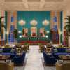 Ultrasuede Green Turquoise | Kravet - Hotel Lobby Visualization (AI-generated, may not be to scale. Verify pattern scale with product specifications.)