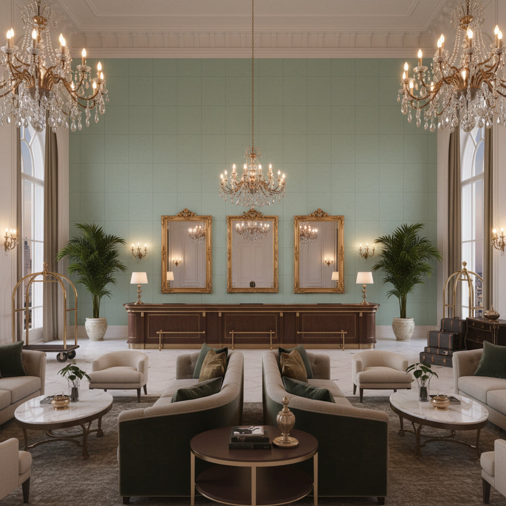 Ultrasuede Green seafoam green | Kravet - Hotel Lobby Visualization (AI-generated, may not be to scale. Verify pattern scale with product specifications.)