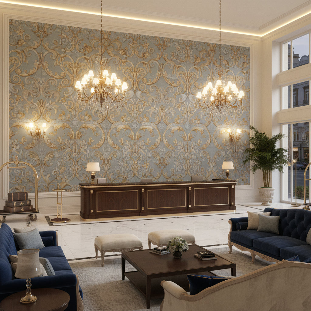 Ultrasuede Green steel blue | Kravet - Hotel Lobby Visualization (AI-generated, may not be to scale. Verify pattern scale with product specifications.)