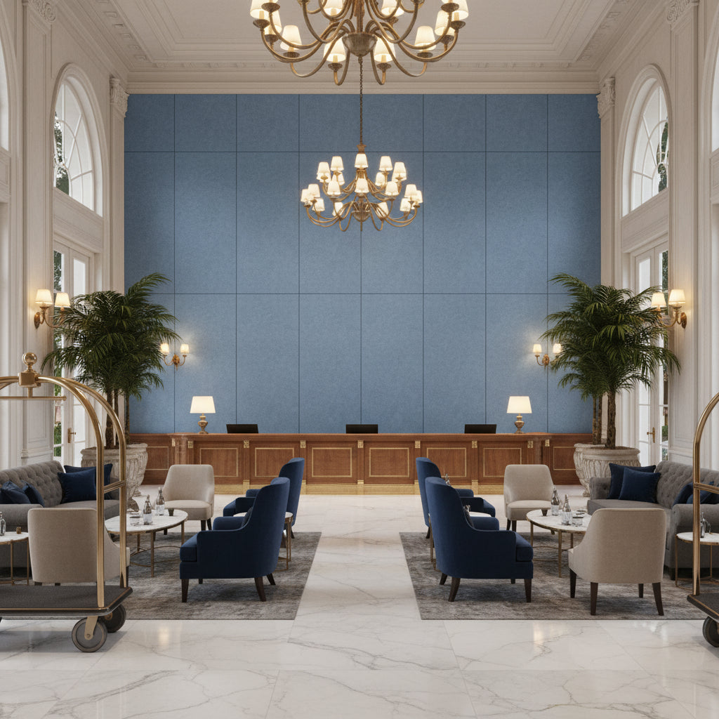 Ultrasuede Green Slate | Kravet - Hotel Lobby Visualization (AI-generated, may not be to scale. Verify pattern scale with product specifications.)