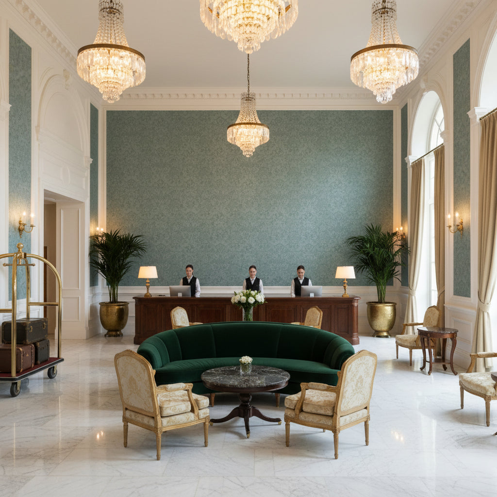 Ultrasuede Green gray-green | Kravet - Hotel Lobby Visualization (AI-generated, may not be to scale. Verify pattern scale with product specifications.)