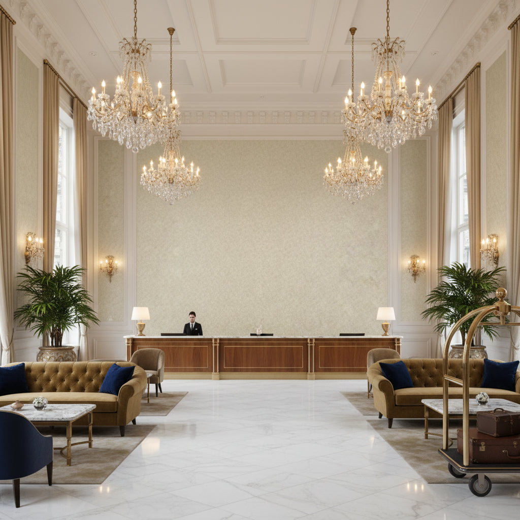 Ultrasuede Green pale beige | Kravet - Hotel Lobby Visualization (AI-generated, may not be to scale. Verify pattern scale with product specifications.)