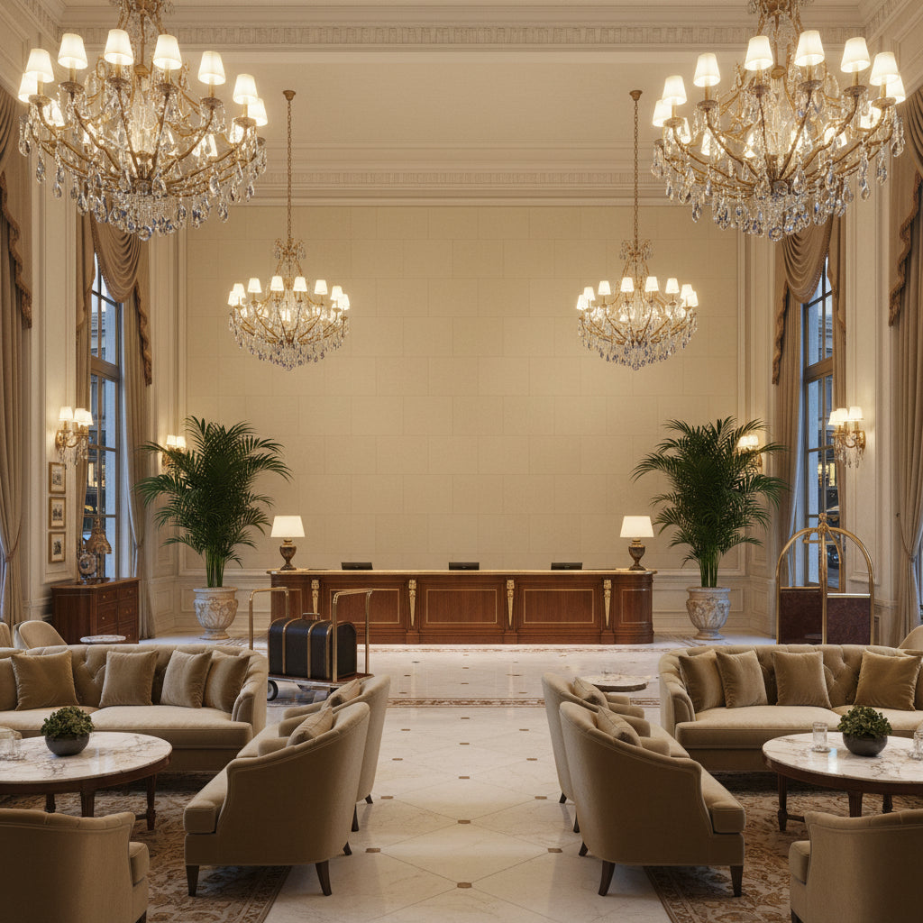 Ultrasuede Green beige | Kravet - Hotel Lobby Visualization (AI-generated, may not be to scale. Verify pattern scale with product specifications.)