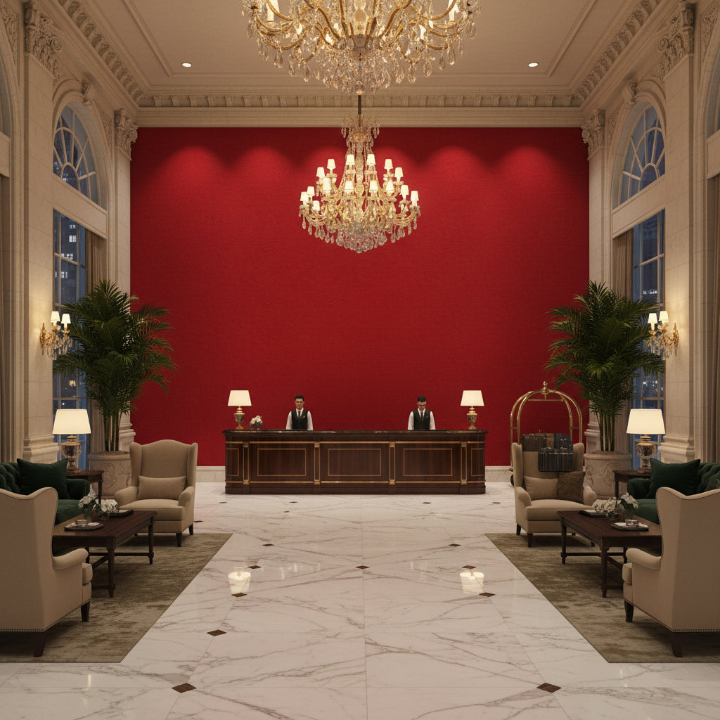 Ultrasuede Green Ladybug | Kravet - Hotel Lobby Visualization (AI-generated, may not be to scale. Verify pattern scale with product specifications.)