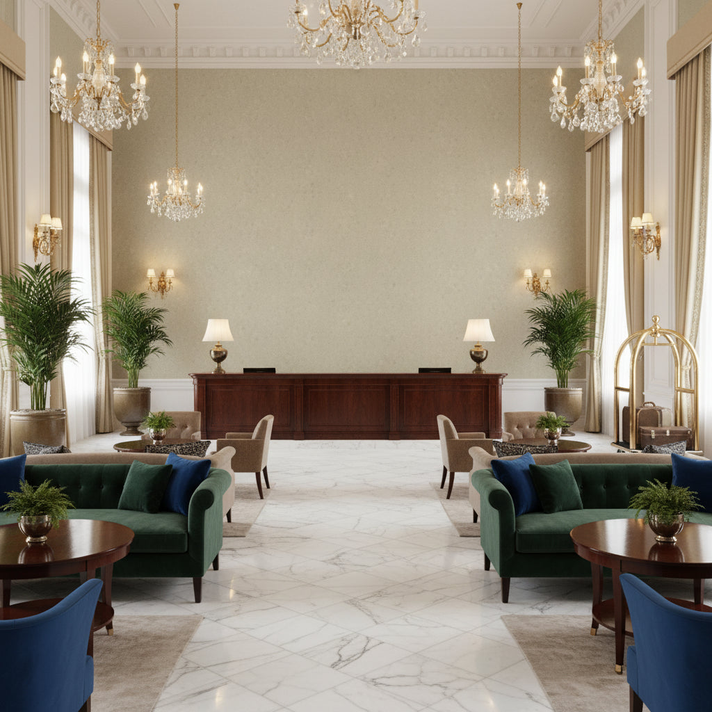 Ultrasuede Green pale taupe | Kravet - Hotel Lobby Visualization (AI-generated, may not be to scale. Verify pattern scale with product specifications.)