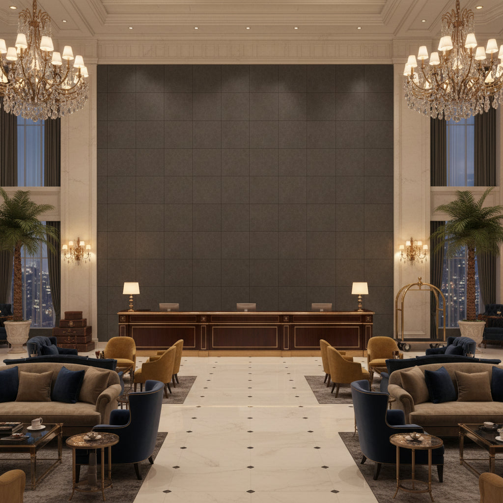 Ultrasuede Green Fossil | Kravet - Hotel Lobby Visualization (AI-generated, may not be to scale. Verify pattern scale with product specifications.)
