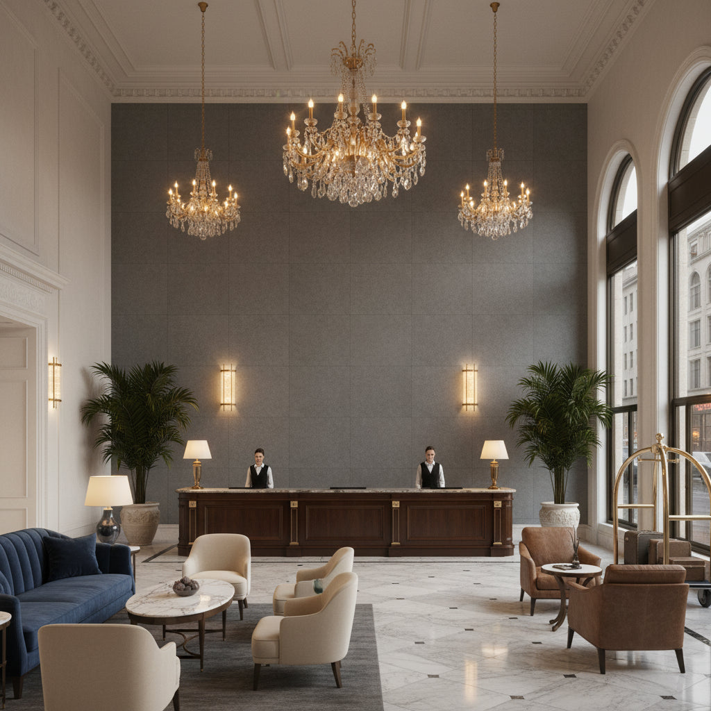 Ultrasuede Green Cement | Kravet - Hotel Lobby Visualization (AI-generated, may not be to scale. Verify pattern scale with product specifications.)