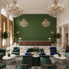 Ultrasuede Green olive green | Kravet - Hotel Lobby Visualization (AI-generated, may not be to scale. Verify pattern scale with product specifications.)