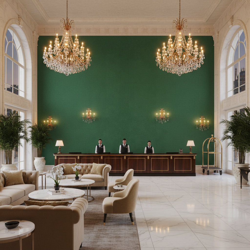 Ultrasuede Green forest green | Kravet - Hotel Lobby Visualization (AI-generated, may not be to scale. Verify pattern scale with product specifications.)