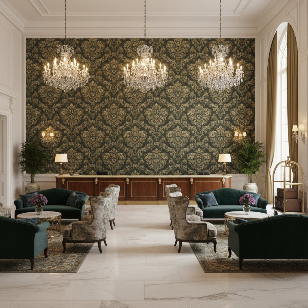 Ultrasuede Green dark olive green | Kravet - Hotel Lobby Visualization (AI-generated, may not be to scale. Verify pattern scale with product specifications.)