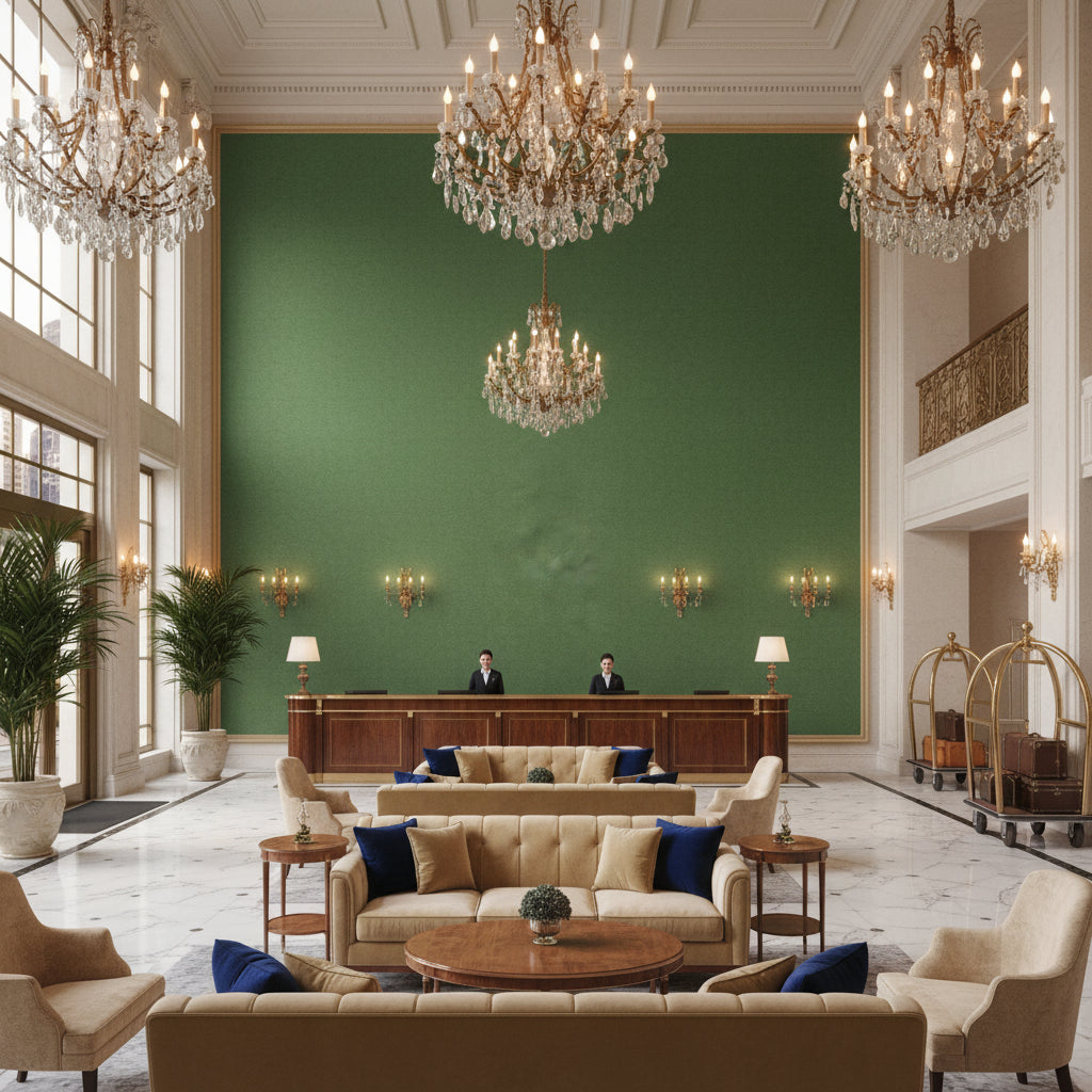 Ultrasuede Green olive green | Kravet - Hotel Lobby Visualization (AI-generated, may not be to scale. Verify pattern scale with product specifications.)