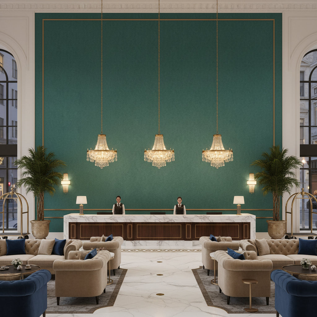 Ultrasuede Green Leaf | Kravet - Hotel Lobby Visualization (AI-generated, may not be to scale. Verify pattern scale with product specifications.)