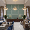 Ultrasuede Green sea green | Kravet - Hotel Lobby Visualization (AI-generated, may not be to scale. Verify pattern scale with product specifications.)