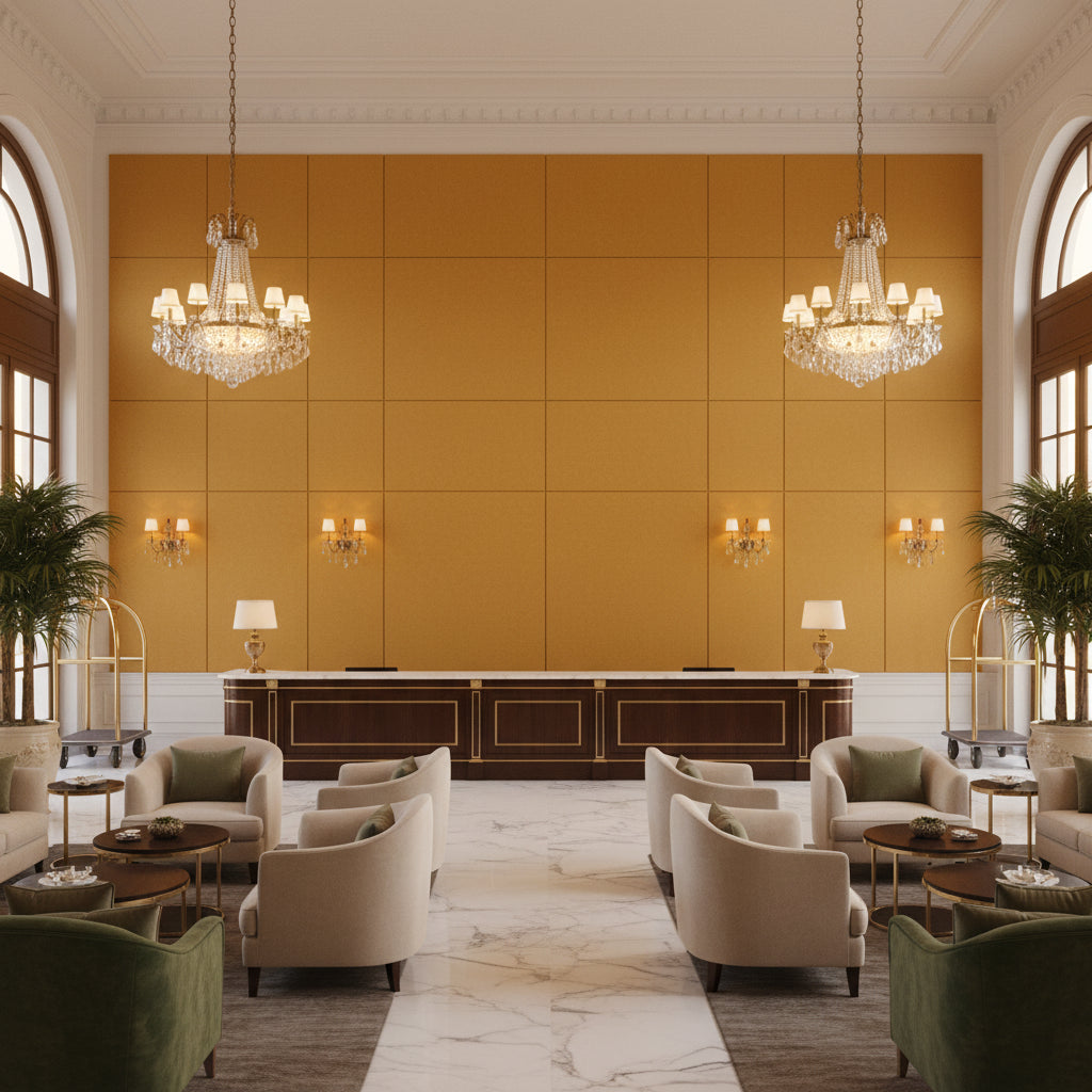 Ultrasuede Green ochre | Kravet - Hotel Lobby Visualization (AI-generated, may not be to scale. Verify pattern scale with product specifications.)