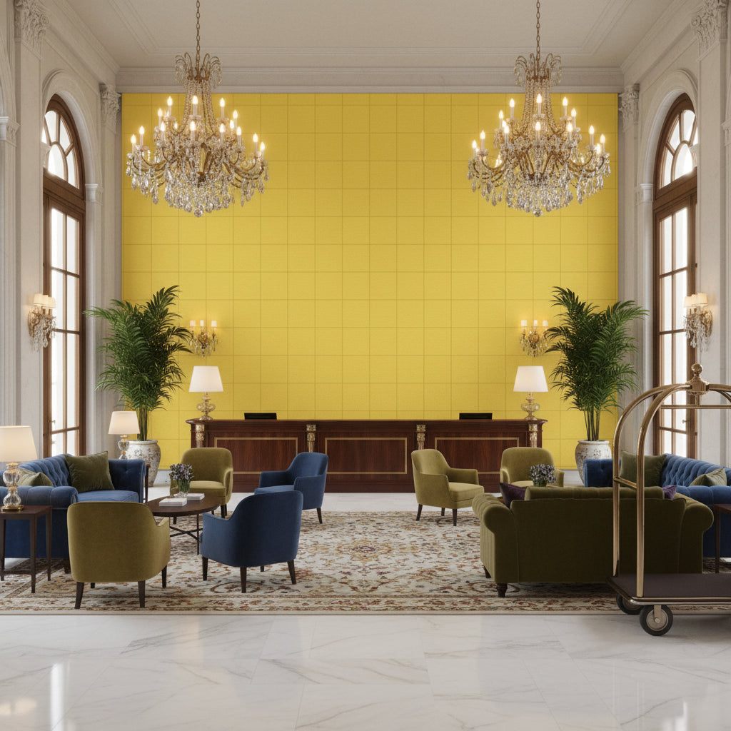 Ultrasuede Green golden yellow | Kravet - Hotel Lobby Visualization (AI-generated, may not be to scale. Verify pattern scale with product specifications.)