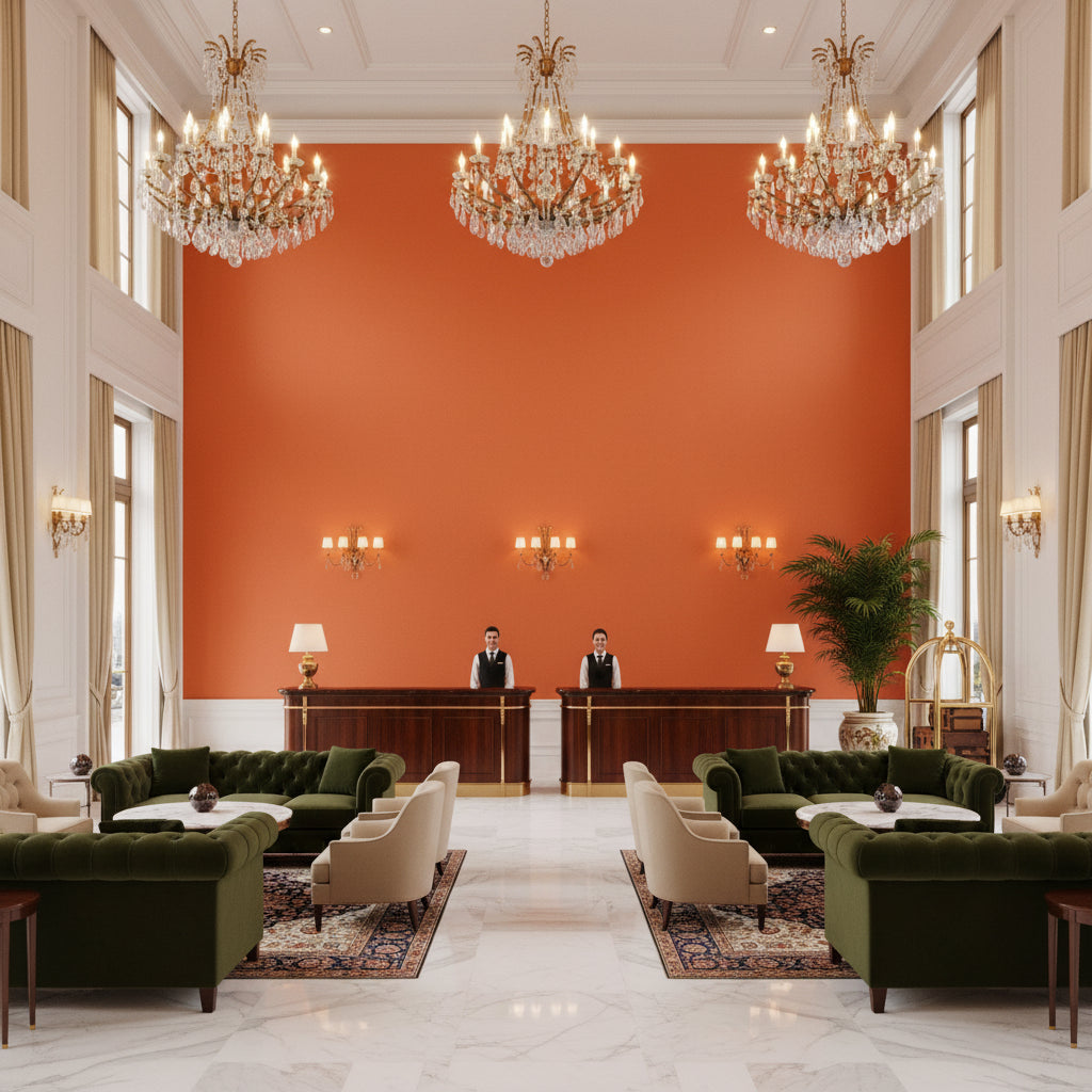 Ultrasuede Green rust | Kravet - Hotel Lobby Visualization (AI-generated, may not be to scale. Verify pattern scale with product specifications.)