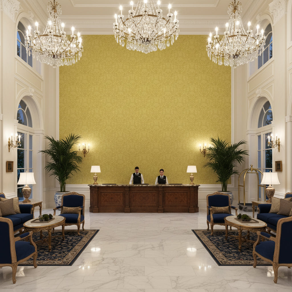 Ultrasuede Green beige | Kravet - Hotel Lobby Visualization (AI-generated, may not be to scale. Verify pattern scale with product specifications.)