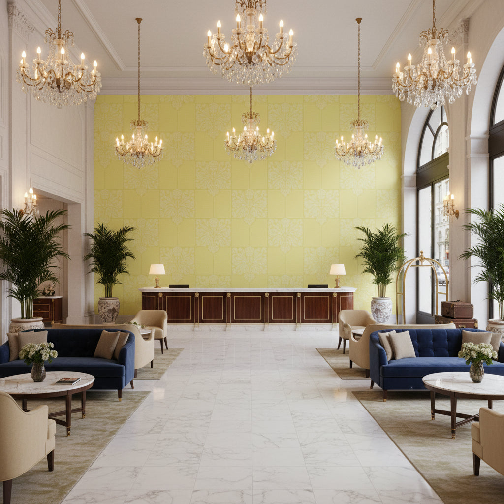 Ultrasuede Green pale yellow | Kravet - Hotel Lobby Visualization (AI-generated, may not be to scale. Verify pattern scale with product specifications.)