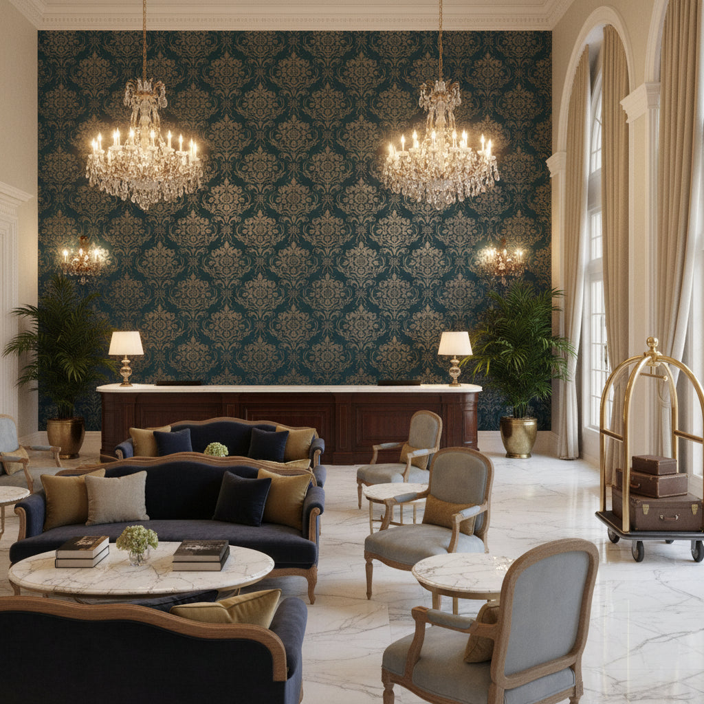 Ultrasuede Green Indigo | Kravet - Hotel Lobby Visualization (AI-generated, may not be to scale. Verify pattern scale with product specifications.)
