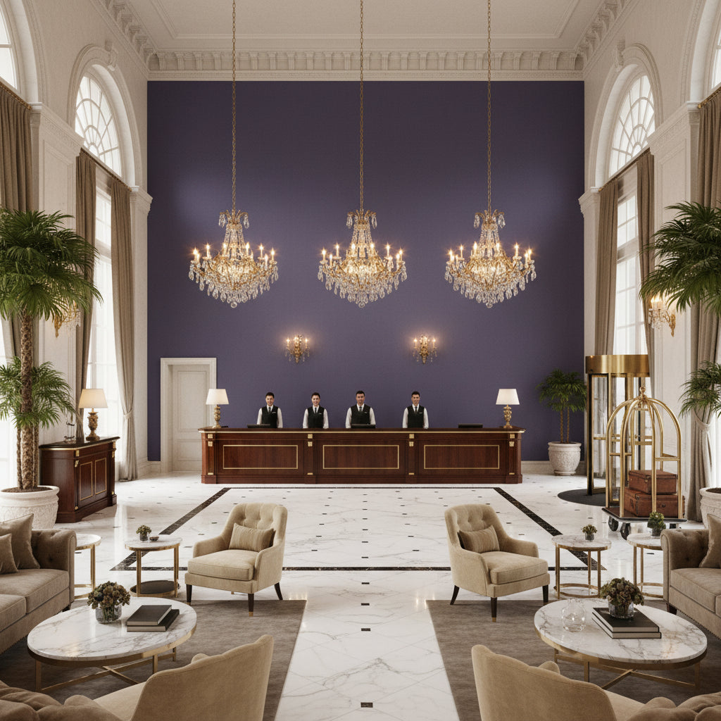 Ultrasuede Green dark purple | Kravet - Hotel Lobby Visualization (AI-generated, may not be to scale. Verify pattern scale with product specifications.)