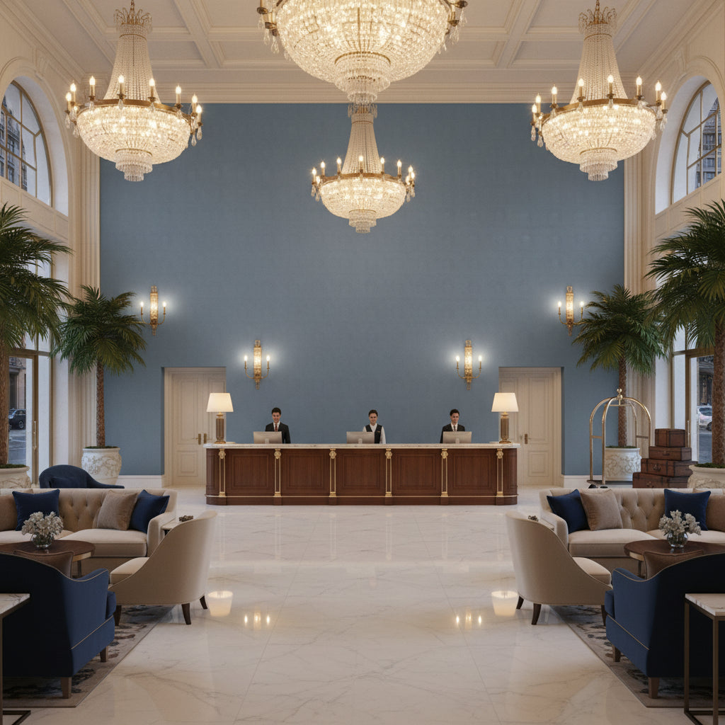 Ultrasuede Green steel blue | Kravet - Hotel Lobby Visualization (AI-generated, may not be to scale. Verify pattern scale with product specifications.)