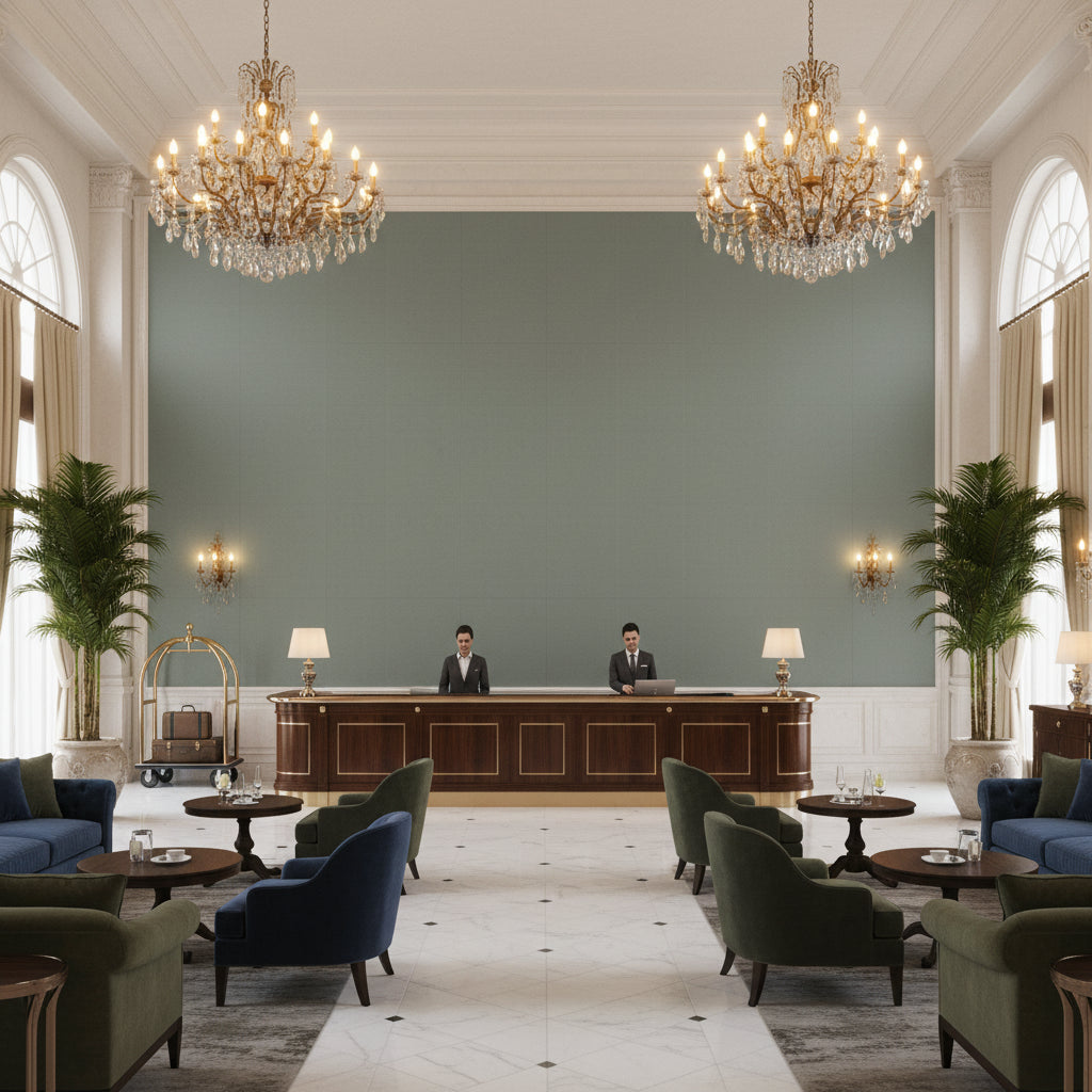 Ultrasuede Green gray | Kravet - Hotel Lobby Visualization (AI-generated, may not be to scale. Verify pattern scale with product specifications.)