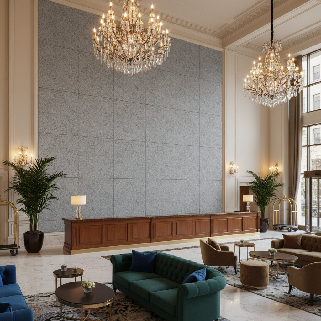 Ultrasuede Green Dew | Kravet - Hotel Lobby Visualization (AI-generated, may not be to scale. Verify pattern scale with product specifications.)