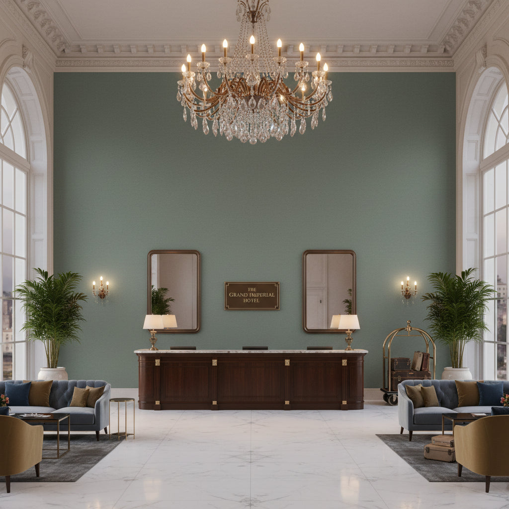Ultrasuede Green gray-green | Kravet - Hotel Lobby Visualization (AI-generated, may not be to scale. Verify pattern scale with product specifications.)