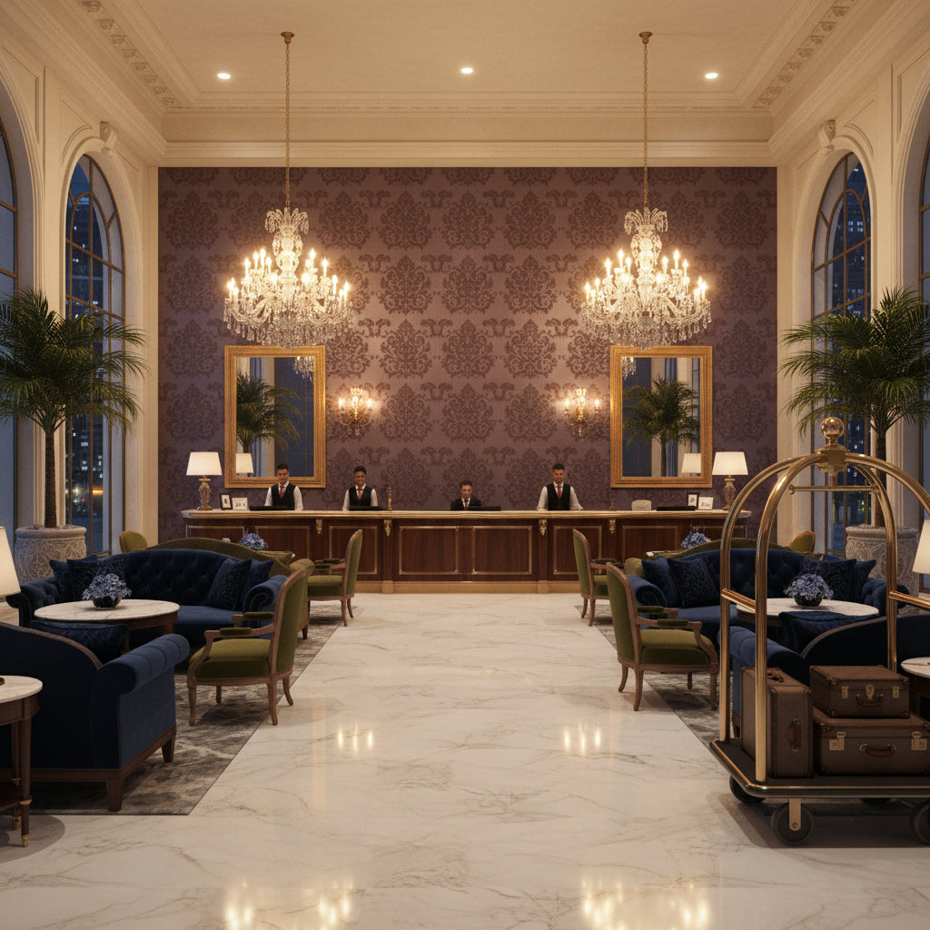 Ultrasuede Green Slate | Kravet - Hotel Lobby Visualization (AI-generated, may not be to scale. Verify pattern scale with product specifications.)