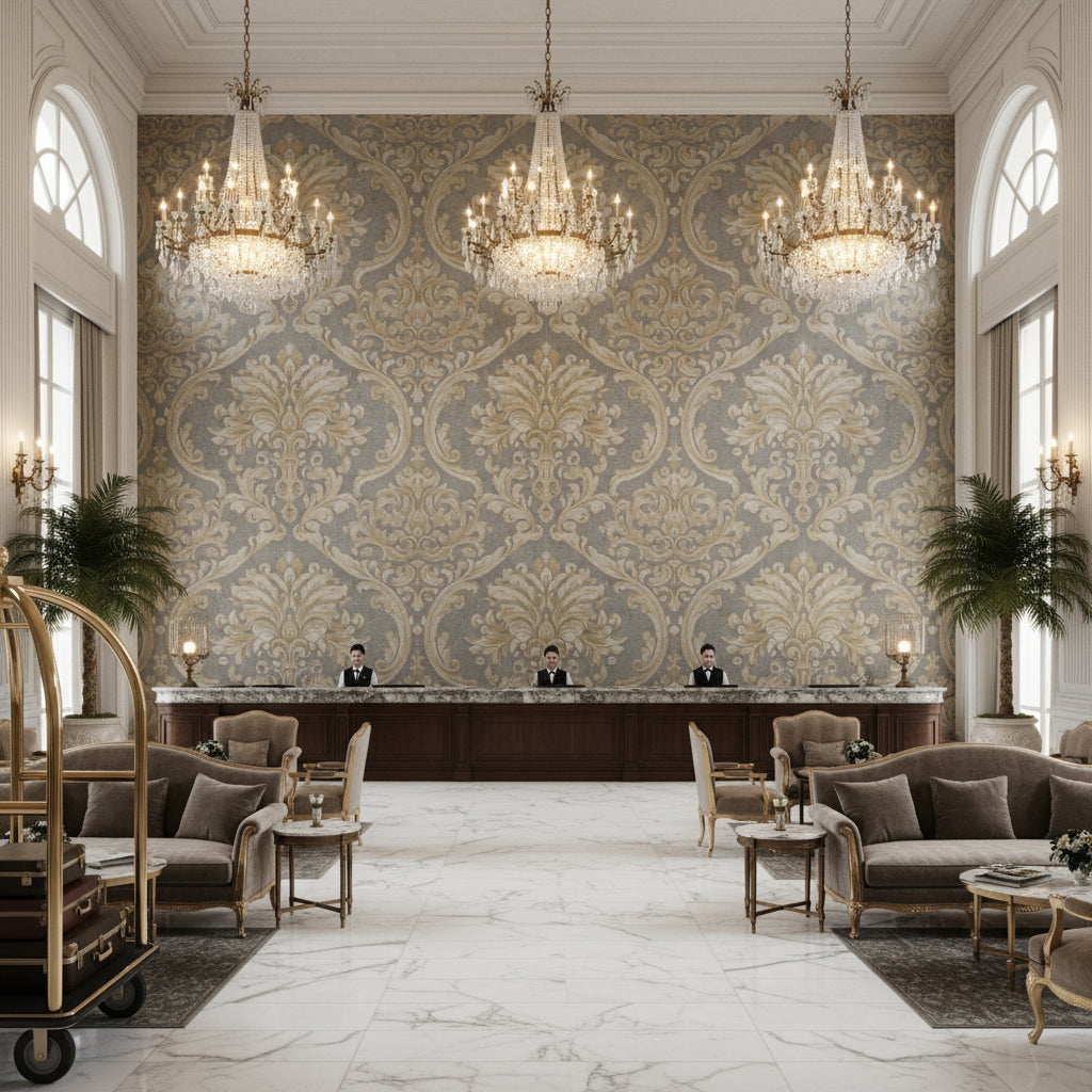 Ultrasuede Green gray | Kravet - Hotel Lobby Visualization (AI-generated, may not be to scale. Verify pattern scale with product specifications.)