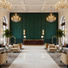 Ultrasuede Green Pine | Kravet - Hotel Lobby Visualization (AI-generated, may not be to scale. Verify pattern scale with product specifications.)