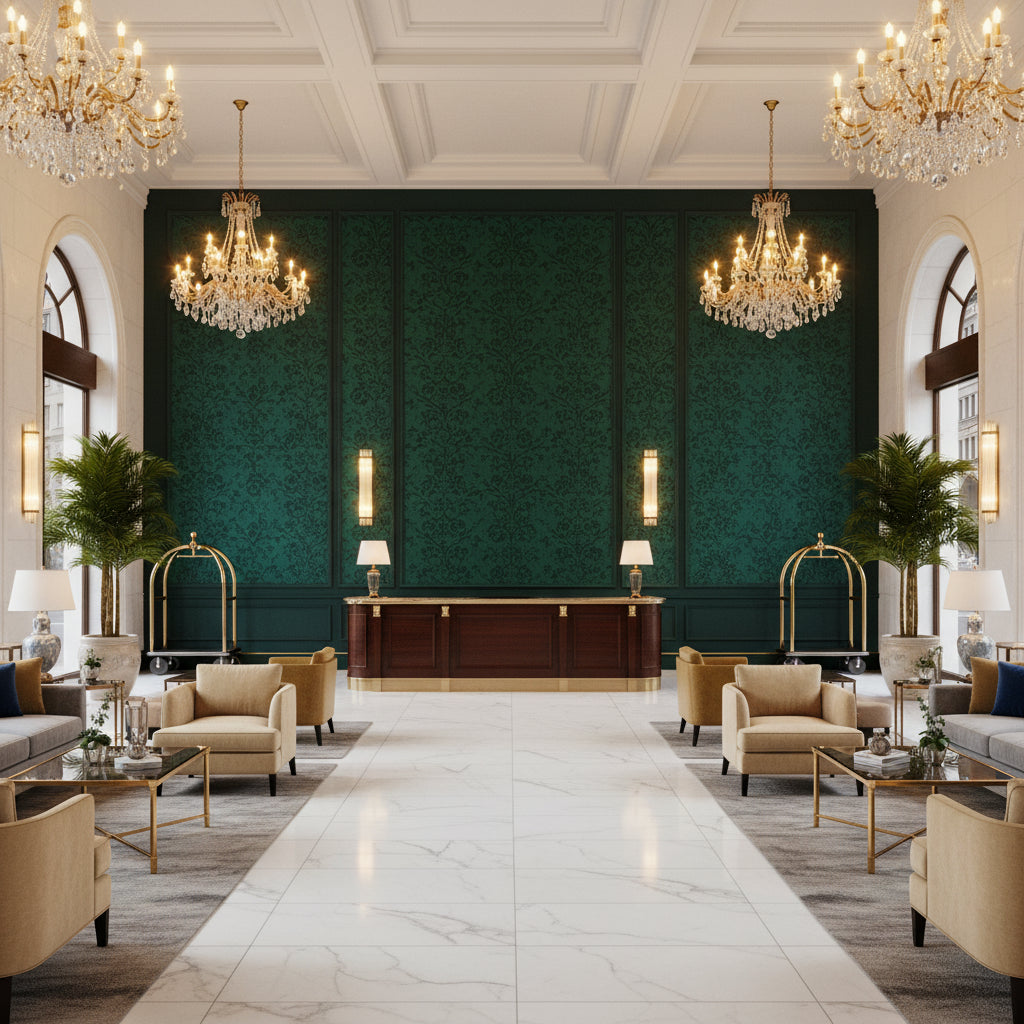 Ultrasuede Green Pine | Kravet - Hotel Lobby Visualization (AI-generated, may not be to scale. Verify pattern scale with product specifications.)