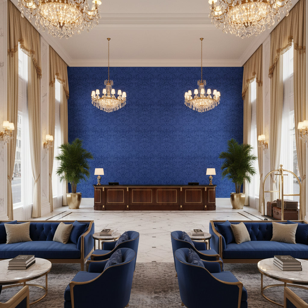 Ultrasuede Green cobalt blue | Kravet - Hotel Lobby Visualization (AI-generated, may not be to scale. Verify pattern scale with product specifications.)