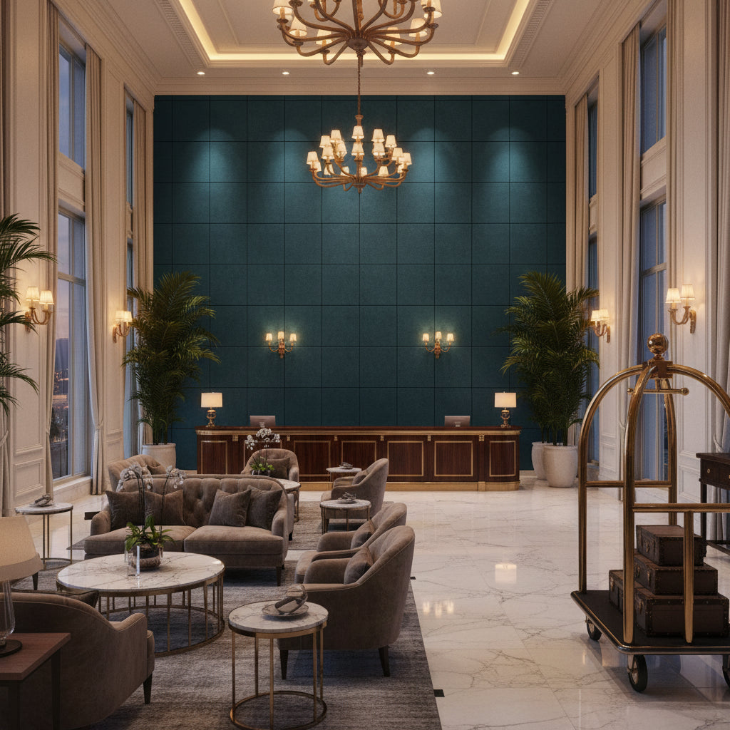 Ultrasuede Green Prussian | Kravet - Hotel Lobby Visualization (AI-generated, may not be to scale. Verify pattern scale with product specifications.)