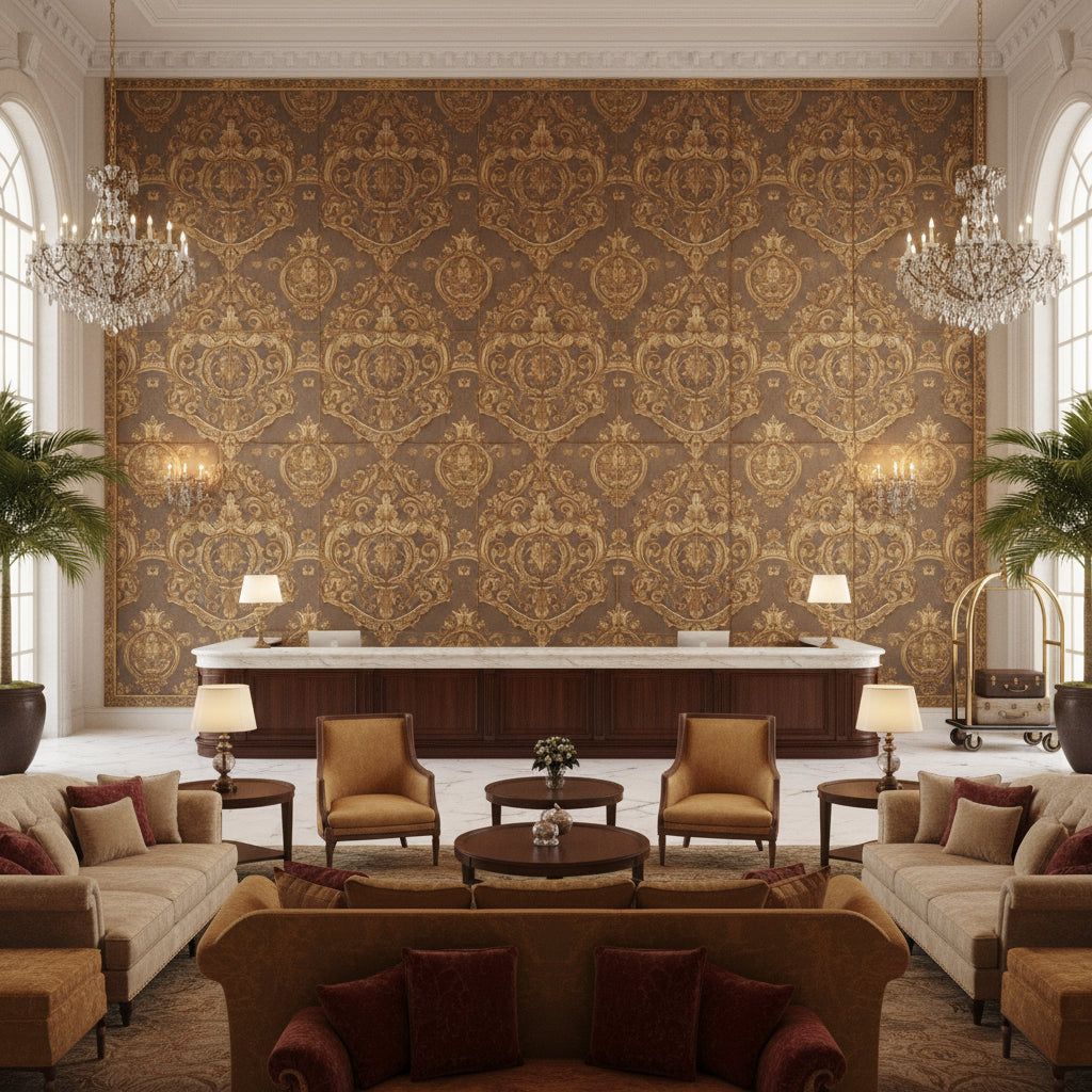 Ultrasuede Green camel | Kravet - Hotel Lobby Visualization (AI-generated, may not be to scale. Verify pattern scale with product specifications.)