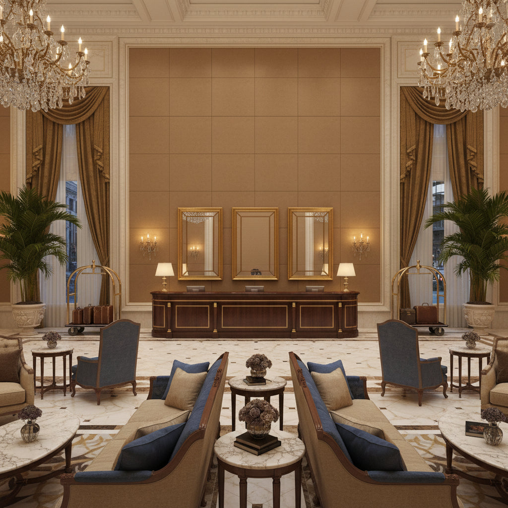 Ultrasuede Green Fawn | Kravet - Hotel Lobby Visualization (AI-generated, may not be to scale. Verify pattern scale with product specifications.)