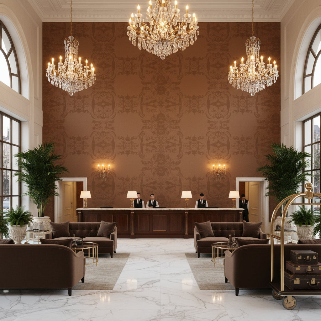 Ultrasuede Green umber | Kravet - Hotel Lobby Visualization (AI-generated, may not be to scale. Verify pattern scale with product specifications.)