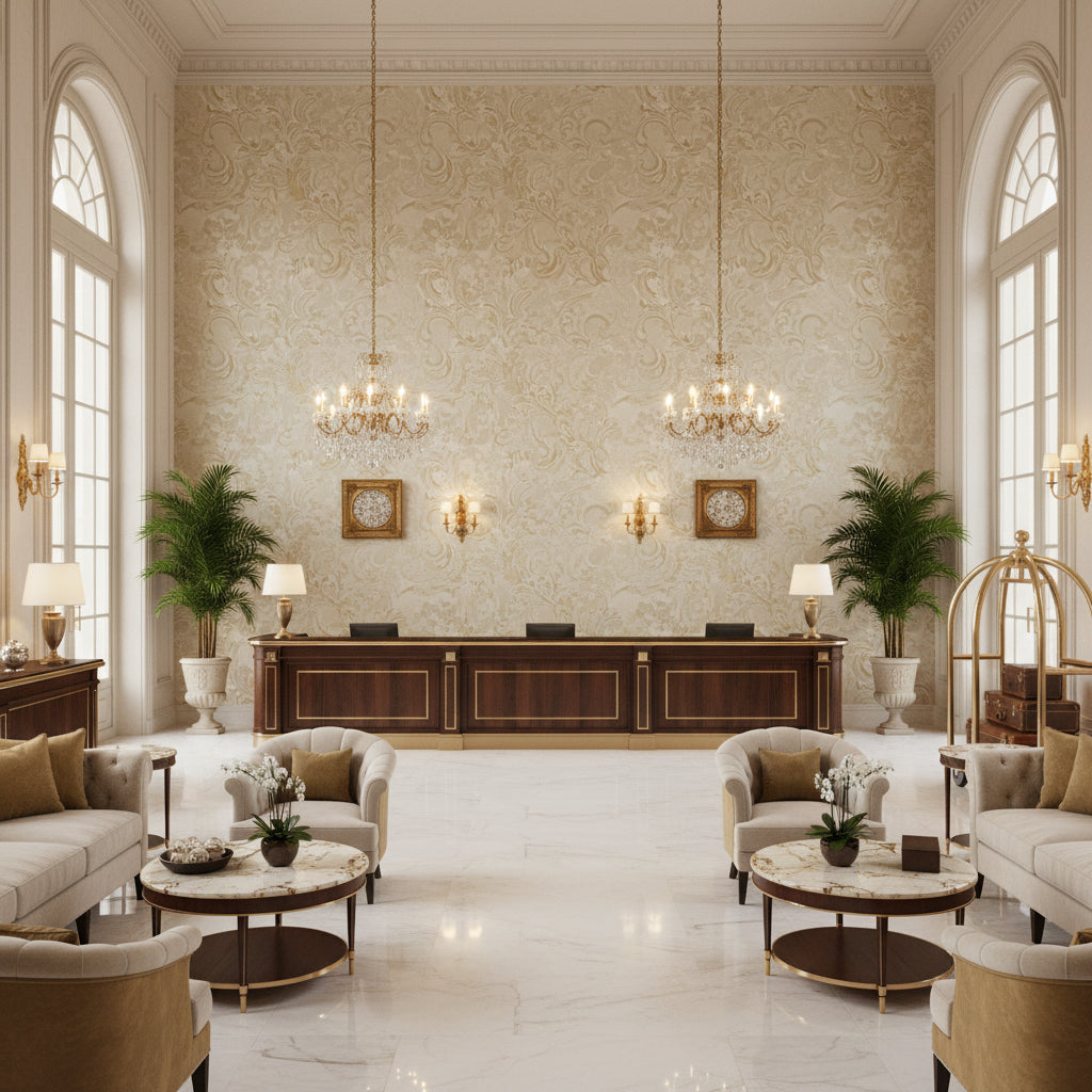 Ultrasuede Green beige | Kravet - Hotel Lobby Visualization (AI-generated, may not be to scale. Verify pattern scale with product specifications.)