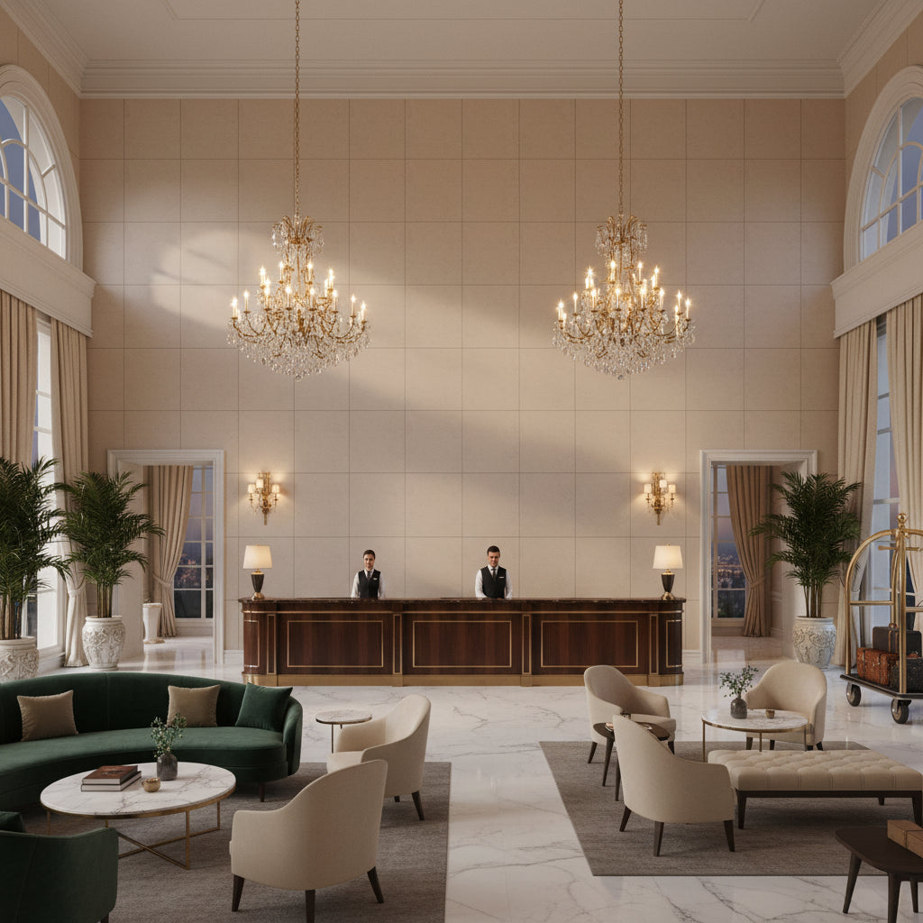Ultrasuede Green Stone | Kravet - Hotel Lobby Visualization (AI-generated, may not be to scale. Verify pattern scale with product specifications.)