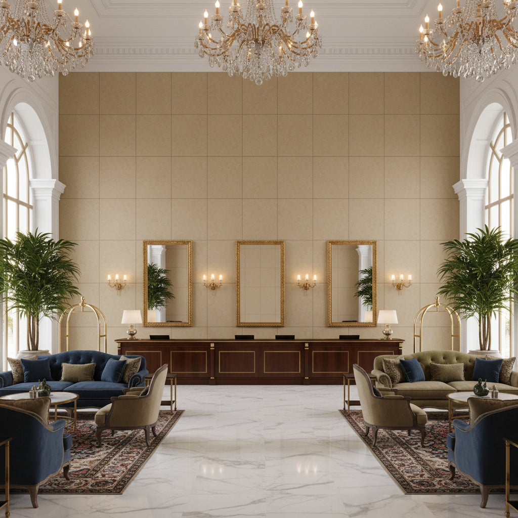 Ultrasuede Green beige | Kravet - Hotel Lobby Visualization (AI-generated, may not be to scale. Verify pattern scale with product specifications.)