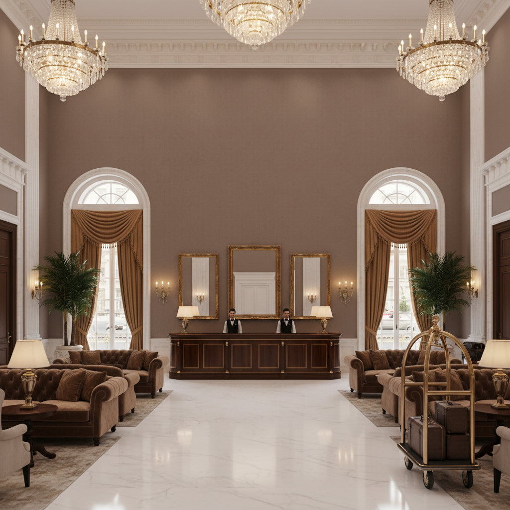 Ultrasuede Green taupe | Kravet - Hotel Lobby Visualization (AI-generated, may not be to scale. Verify pattern scale with product specifications.)