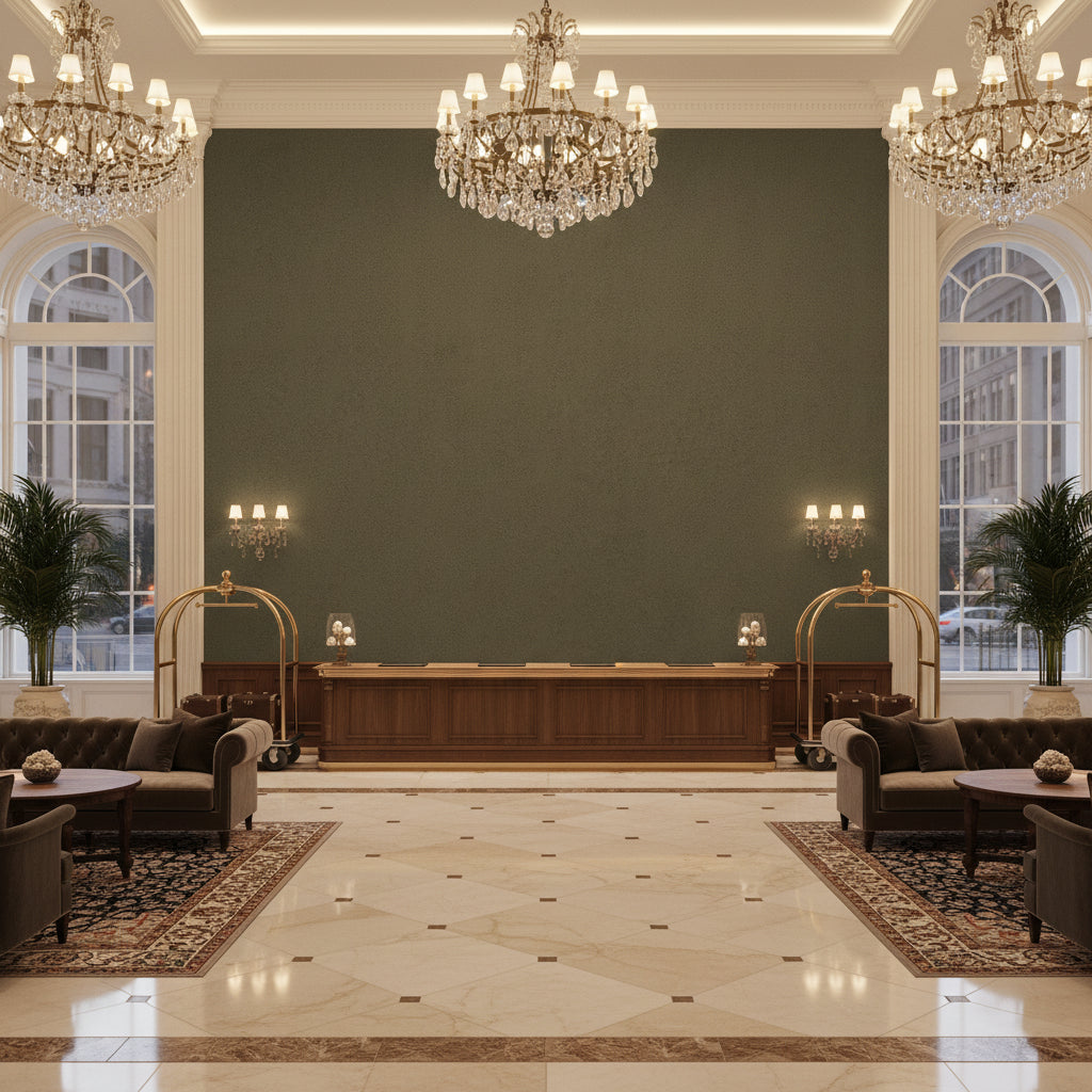 Ultrasuede Green olive | Kravet - Hotel Lobby Visualization (AI-generated, may not be to scale. Verify pattern scale with product specifications.)