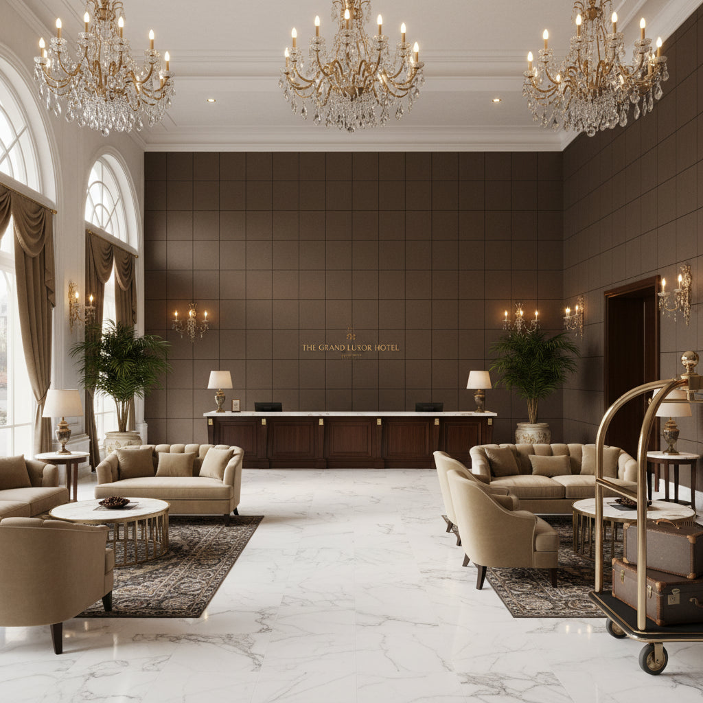 Ultrasuede Green Earth | Kravet - Hotel Lobby Visualization (AI-generated, may not be to scale. Verify pattern scale with product specifications.)