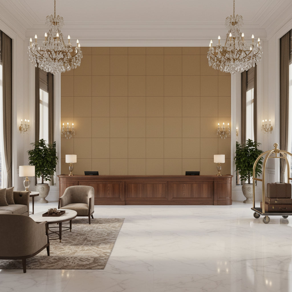 Ultrasuede Green camel | Kravet - Hotel Lobby Visualization (AI-generated, may not be to scale. Verify pattern scale with product specifications.)